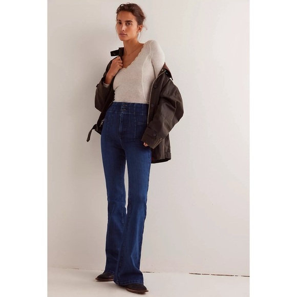 Free People Jayde Flare Jeans High Rise Bell Bottoms in Dark Wash Denim - Picture 12 of 12
